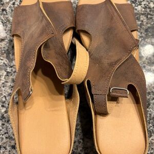 Brown suede cork sole wedges